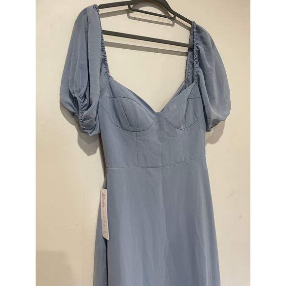 NWT Barbie x Azazie Chiffon A-Line Dress with Puff Sleeve Dusty Blue Women's 6A - Picture 3 of 8